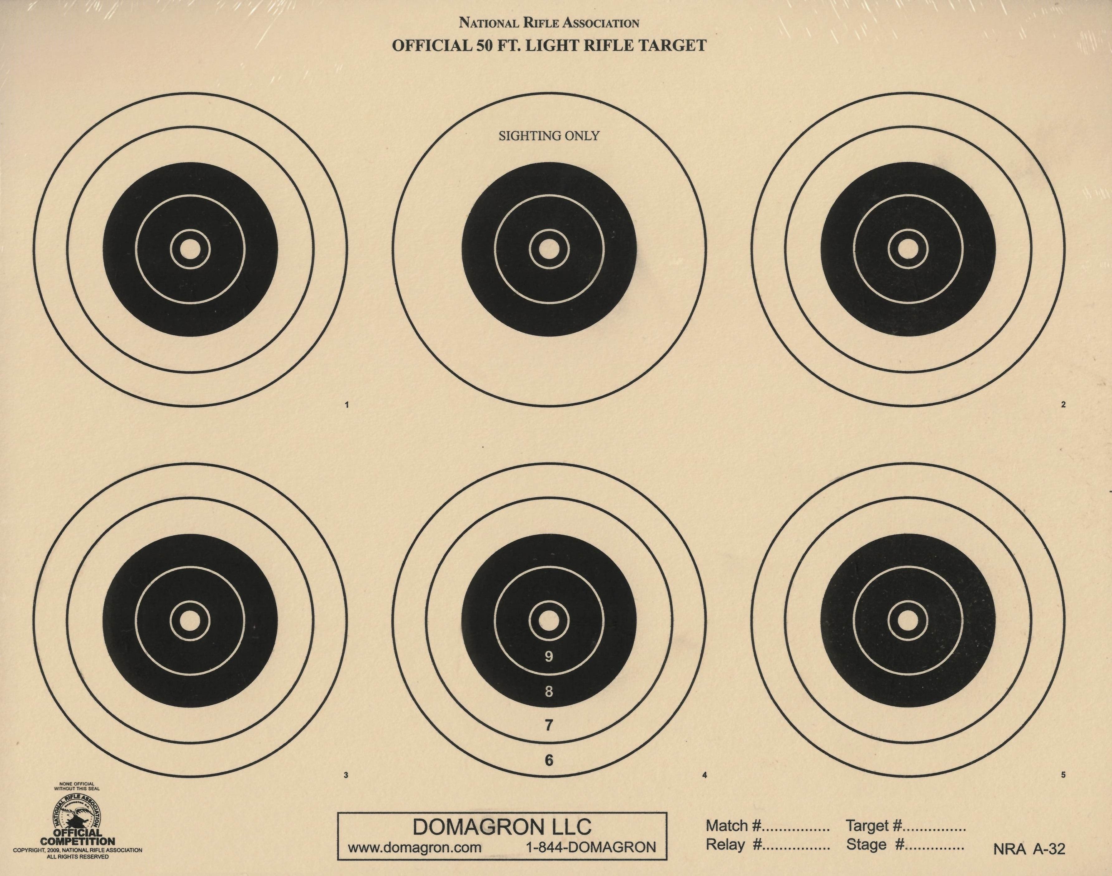 A-32 - 50 Foot Light Rifle Six Bullseye Official NRA Target
