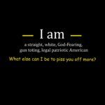 I am a straight, white, God-fearing, gun toting, legal patriotic American. What else can I be to piss you off more?  Metal Photo S-364