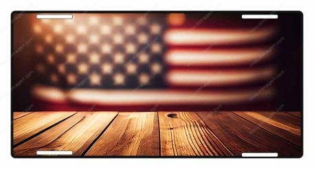 Flag On Wood Table 1 License Plate