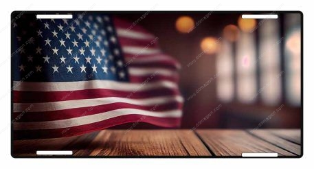 Flag On Wood Table 6 License Plate