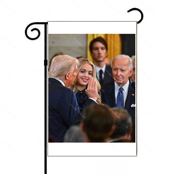 Trump Inauguration Swearing In With Biden Overlooking Garden Flag