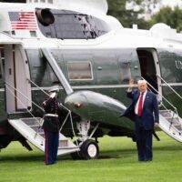 Trump  Waiving Next To Marine 1 Metal Photo