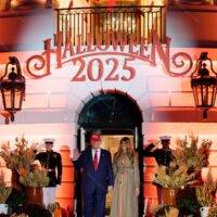 Donald Trump and Melania Trump at 2025 White House Halloween Event Metal Photo