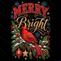 Merry And Bright Cardinal Christmas Direct to Film (DTF) Heat Transfer H-1647